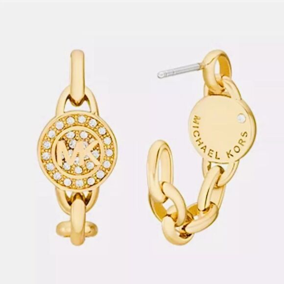 Michael Kors Gold-Tone Pavé Logo Hoop Earrings - Picture 3 of 10